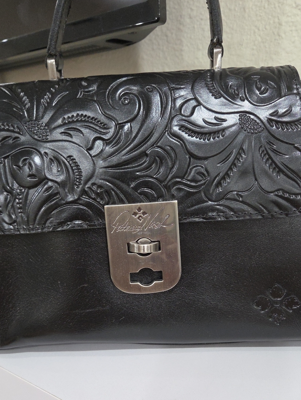 Patricia Nash Black Embossed Top Handle Leather Satchel with Signature Turn-Lock